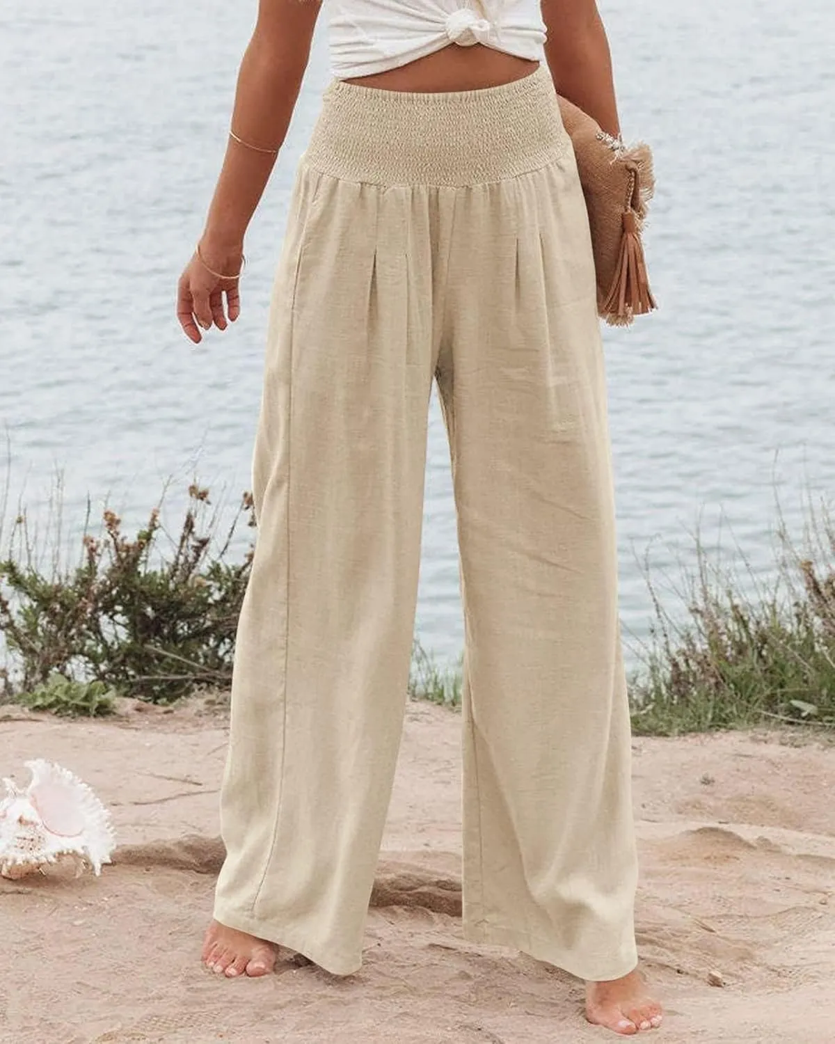Women Linen Palazzo Pants High Waist Pant Wide Leg Flowy Pants Waist Loose Comfy Trousers of Beach Vacation