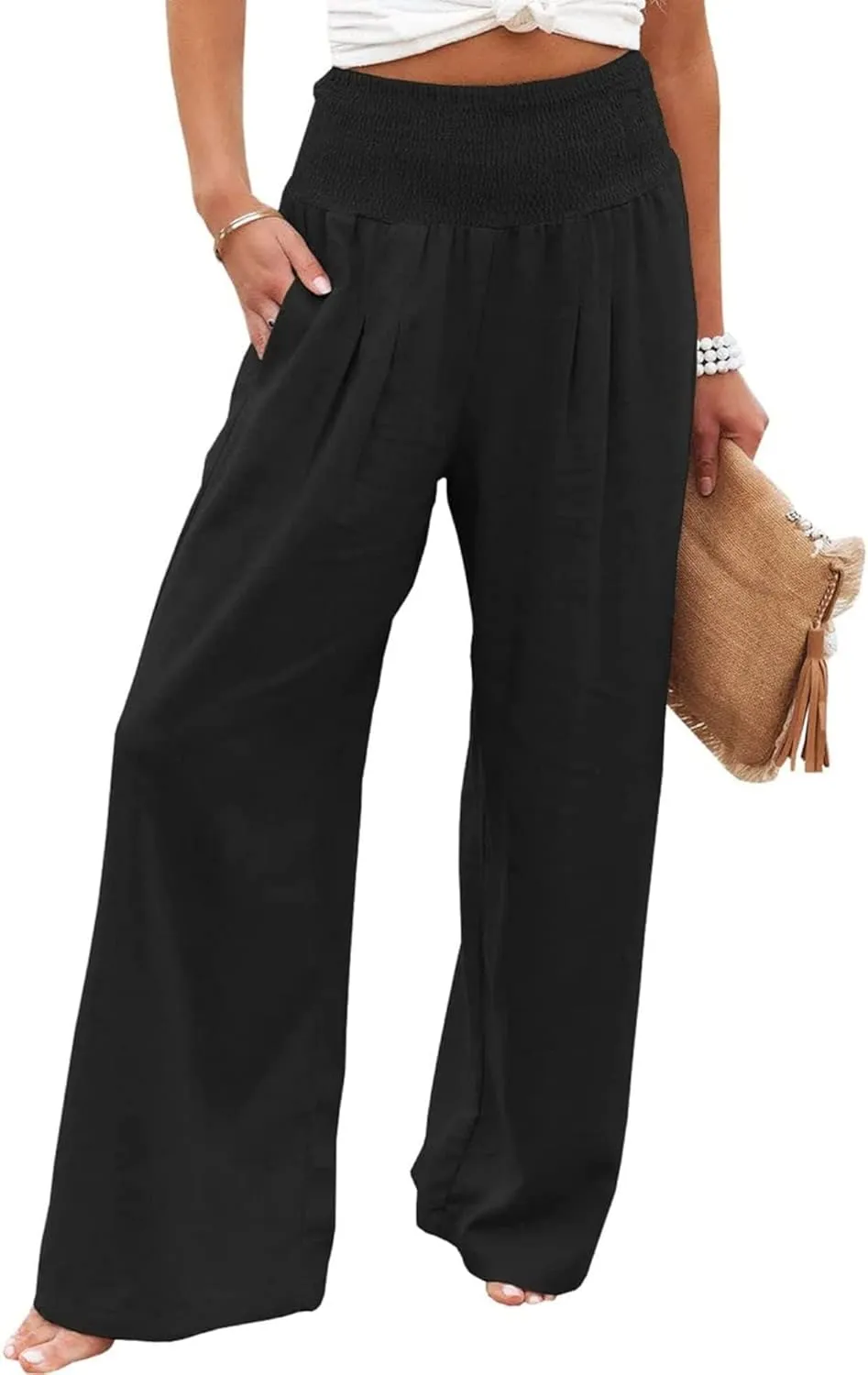 Women Linen Palazzo Pants High Waist Pant Wide Leg Flowy Pants Waist Loose Comfy Trousers of Beach Vacation