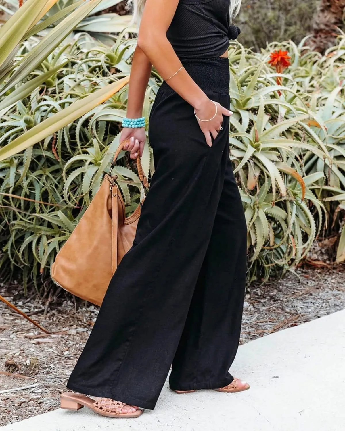 Women Linen Palazzo Pants High Waist Pant Wide Leg Flowy Pants Waist Loose Comfy Trousers of Beach Vacation