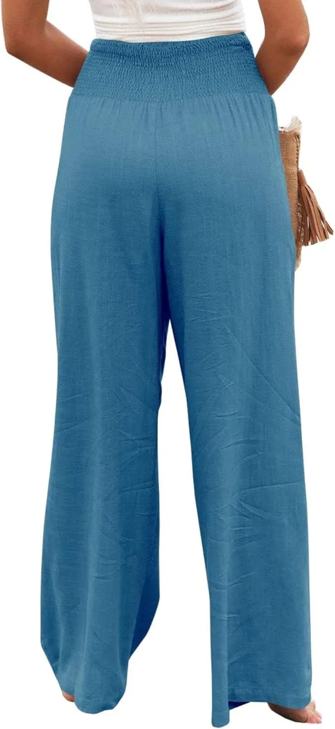 Women Linen Palazzo Pants High Waist Pant Wide Leg Flowy Pants Waist Loose Comfy Trousers of Beach Vacation