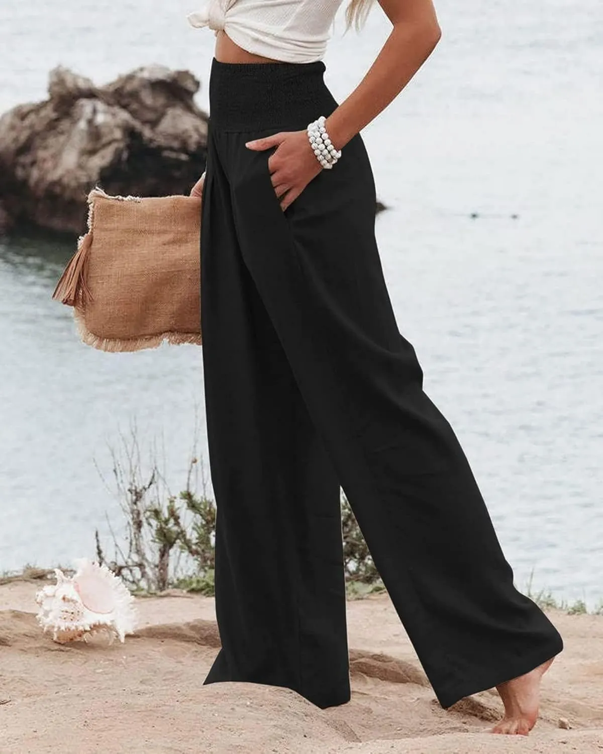 Women Linen Palazzo Pants High Waist Pant Wide Leg Flowy Pants Waist Loose Comfy Trousers of Beach Vacation