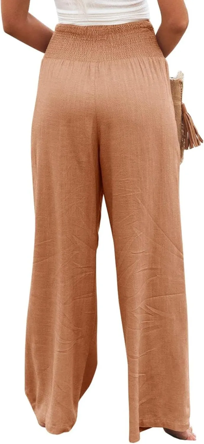 Women Linen Palazzo Pants High Waist Pant Wide Leg Flowy Pants Waist Loose Comfy Trousers of Beach Vacation