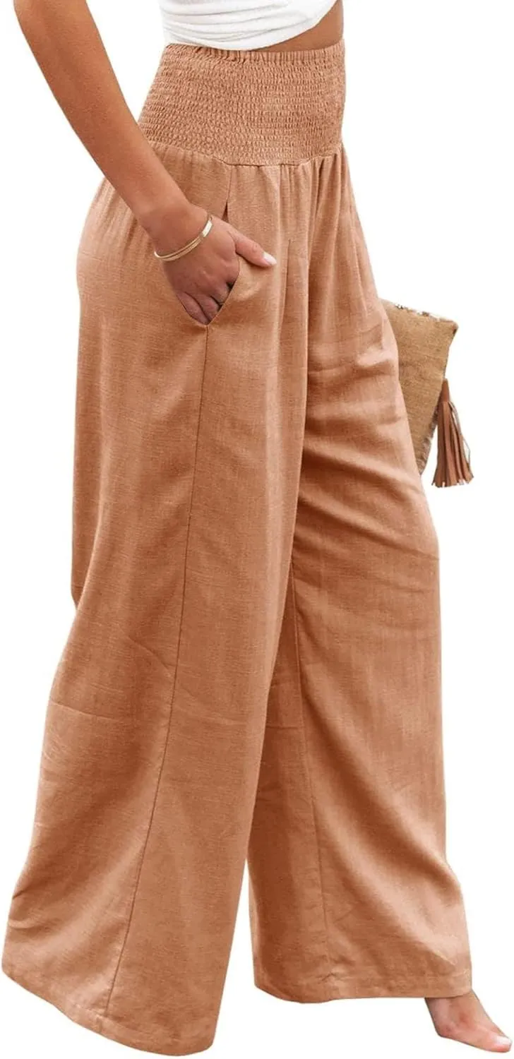 Women Linen Palazzo Pants High Waist Pant Wide Leg Flowy Pants Waist Loose Comfy Trousers of Beach Vacation