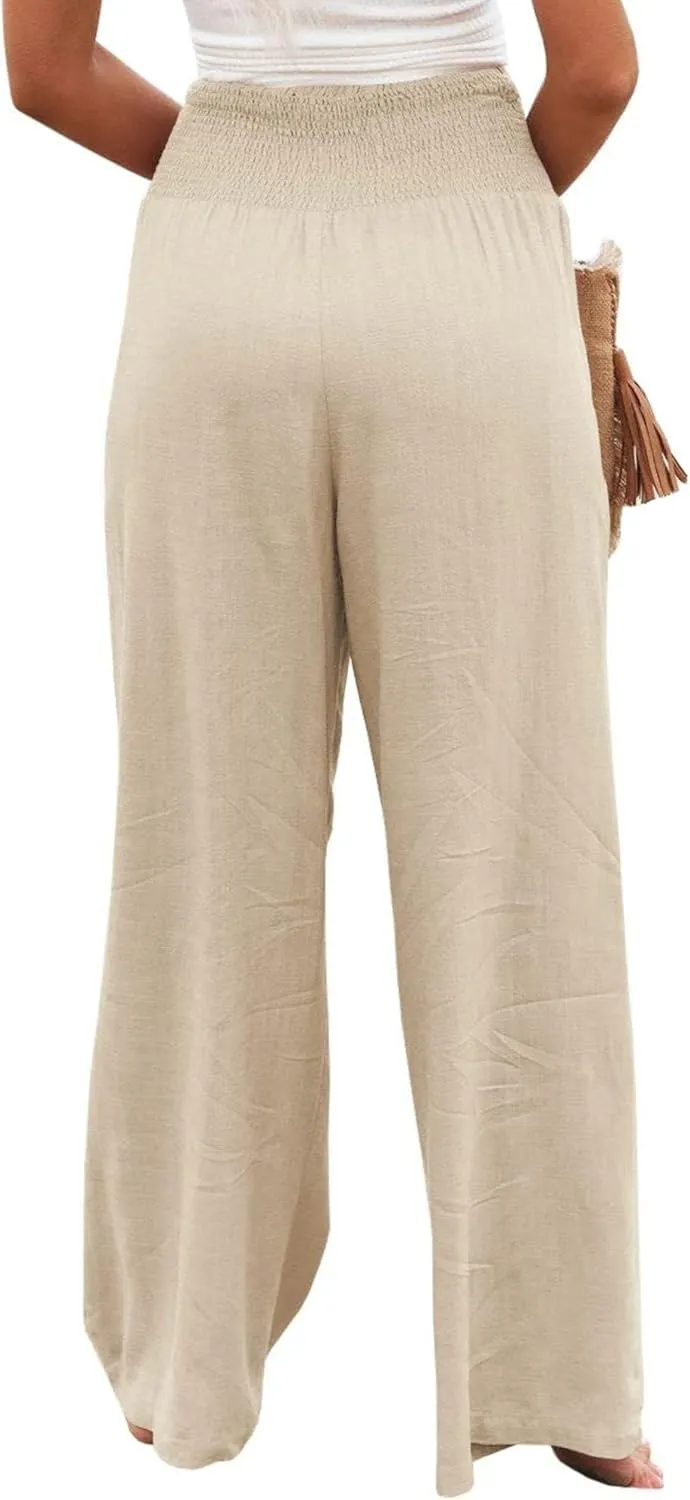 Women Linen Palazzo Pants High Waist Pant Wide Leg Flowy Pants Waist Loose Comfy Trousers of Beach Vacation