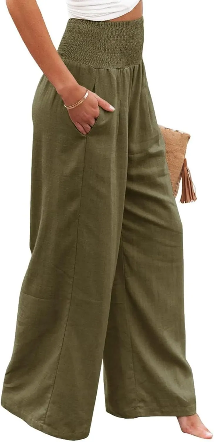 Women Linen Palazzo Pants High Waist Pant Wide Leg Flowy Pants Waist Loose Comfy Trousers of Beach Vacation