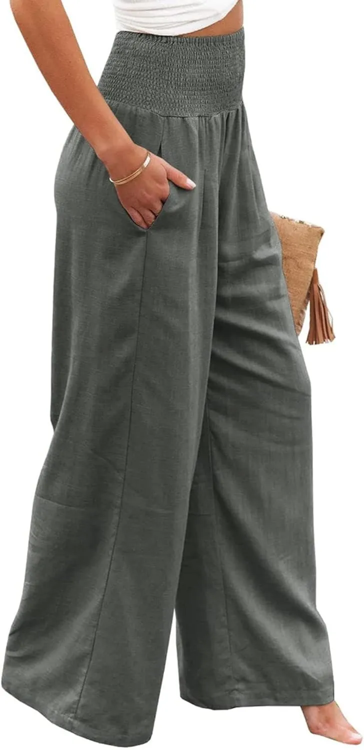 Women Linen Palazzo Pants High Waist Pant Wide Leg Flowy Pants Waist Loose Comfy Trousers of Beach Vacation