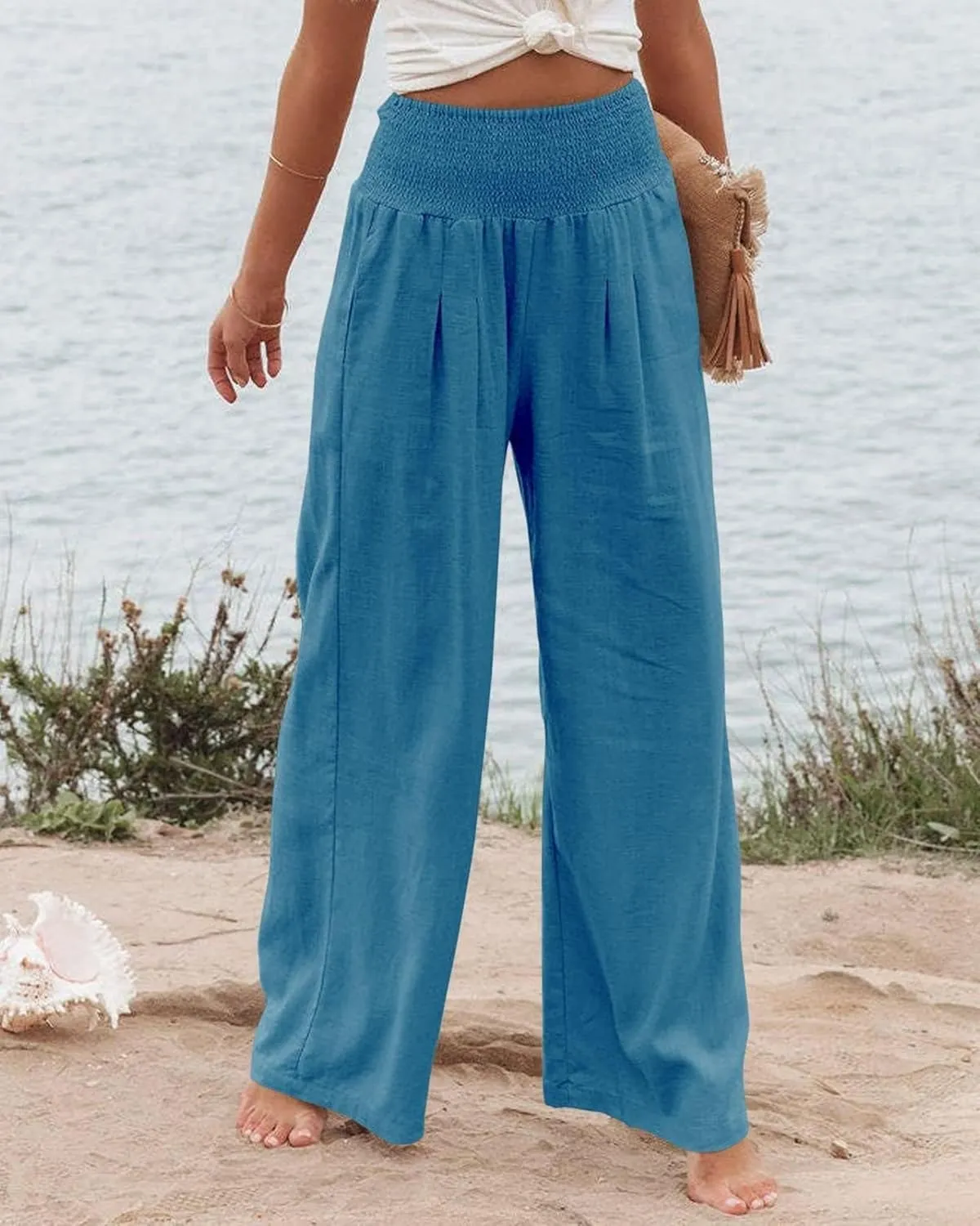 Women Linen Palazzo Pants High Waist Pant Wide Leg Flowy Pants Waist Loose Comfy Trousers of Beach Vacation
