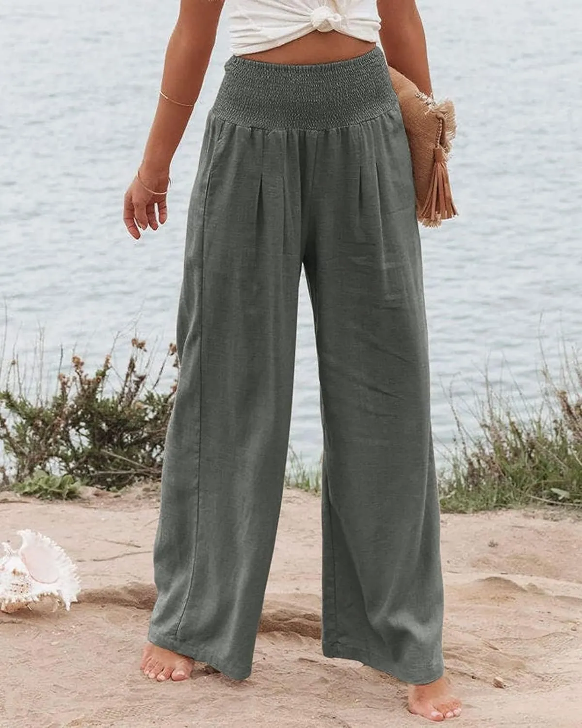 Women Linen Palazzo Pants High Waist Pant Wide Leg Flowy Pants Waist Loose Comfy Trousers of Beach Vacation
