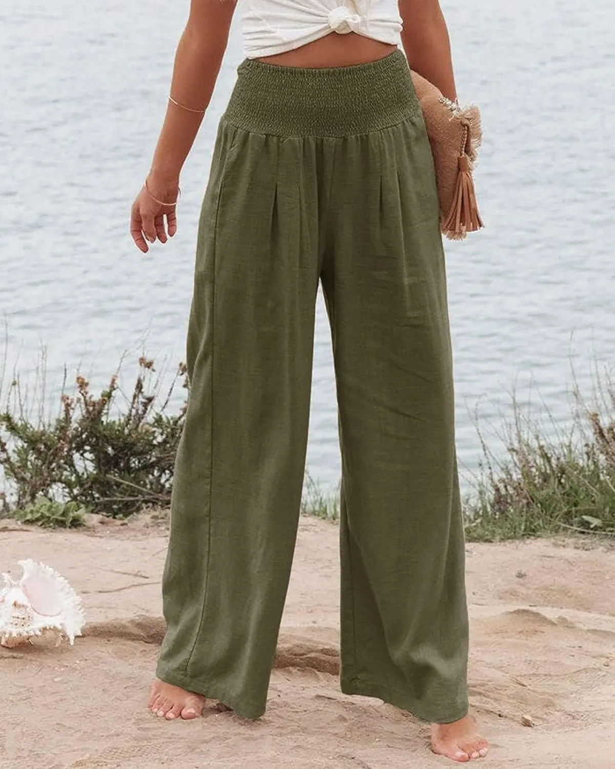 Women Linen Palazzo Pants High Waist Pant Wide Leg Flowy Pants Waist Loose Comfy Trousers of Beach Vacation