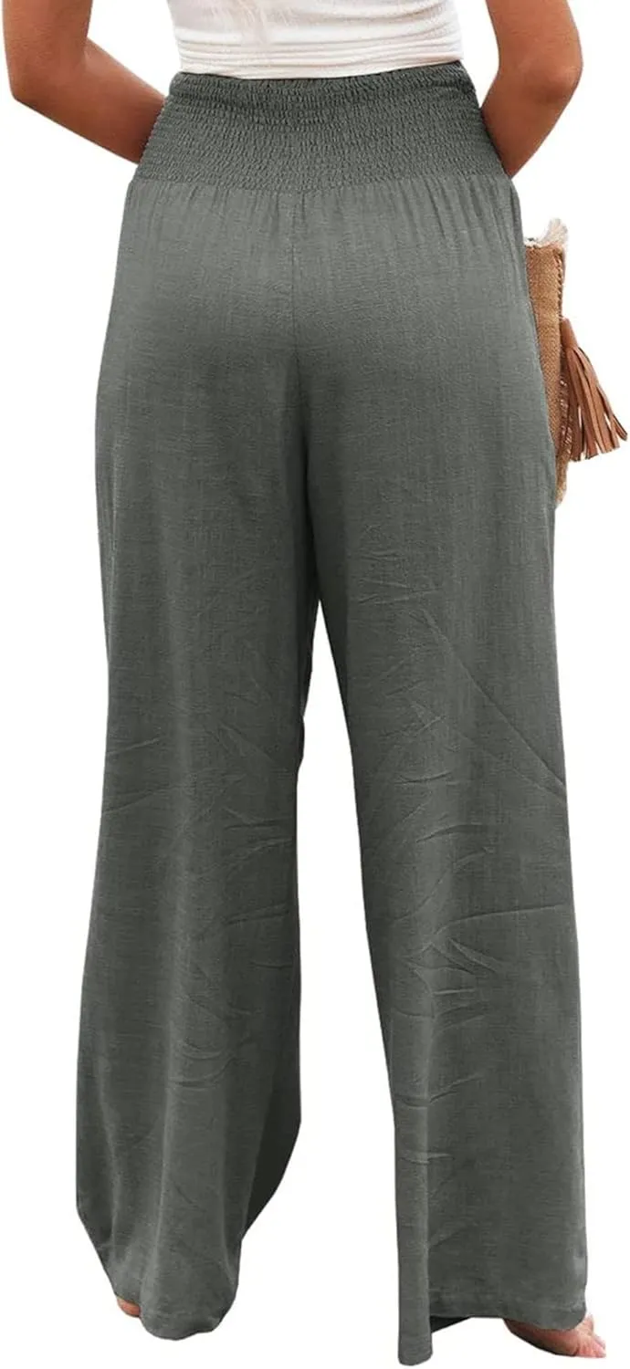 Women Linen Palazzo Pants High Waist Pant Wide Leg Flowy Pants Waist Loose Comfy Trousers of Beach Vacation