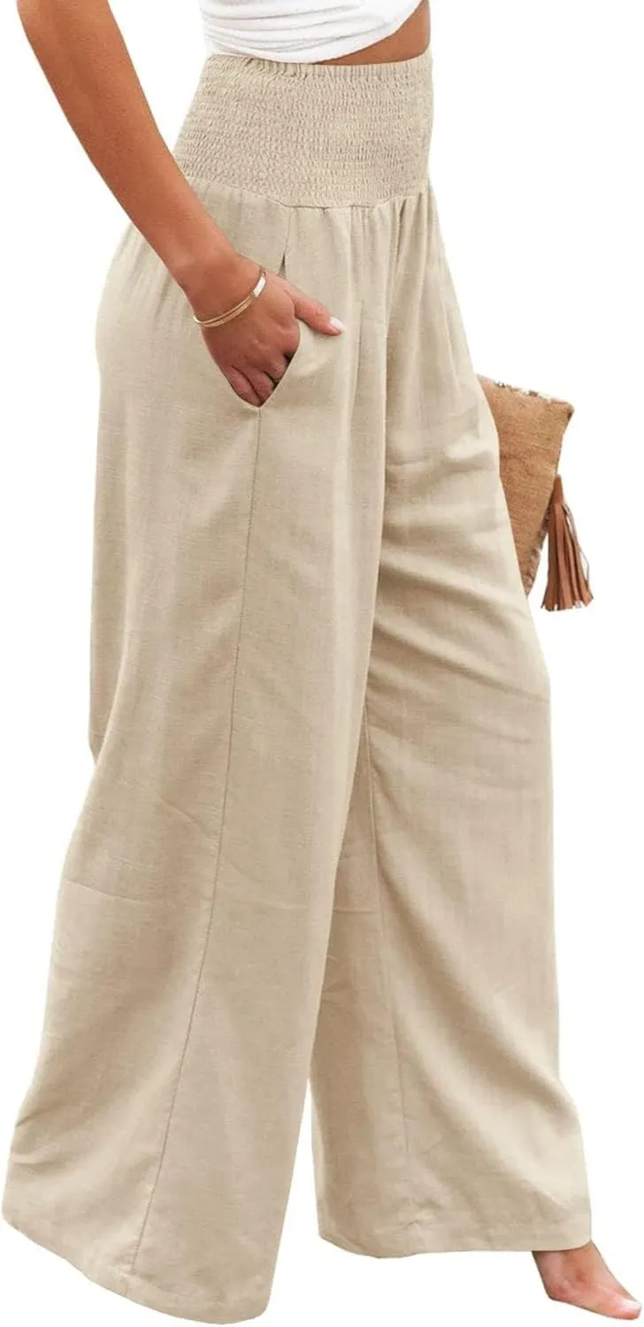 Women Linen Palazzo Pants High Waist Pant Wide Leg Flowy Pants Waist Loose Comfy Trousers of Beach Vacation