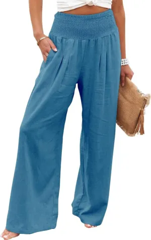 Women Linen Palazzo Pants High Waist Pant Wide Leg Flowy Pants Waist Loose Comfy Trousers of Beach Vacation