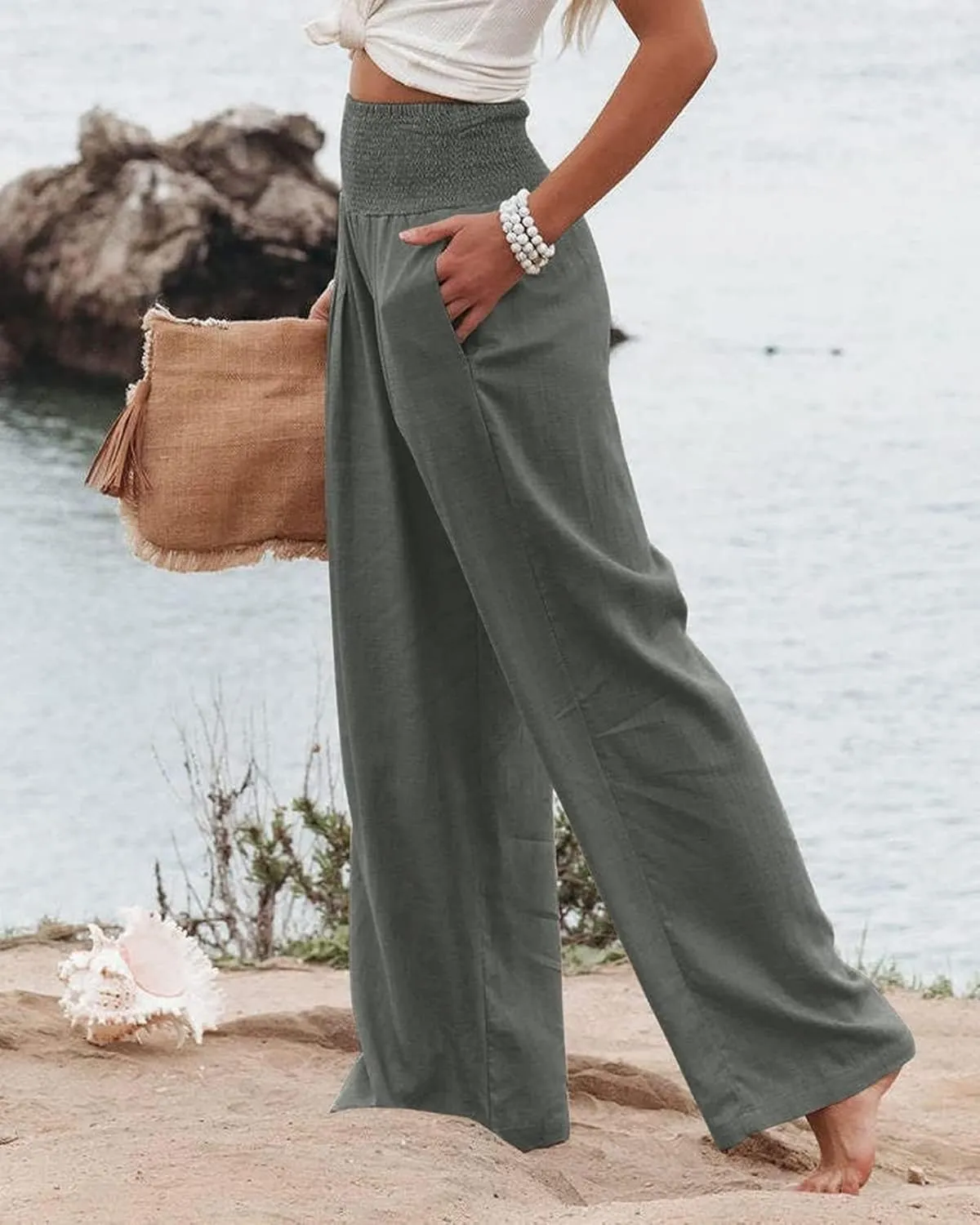 Women Linen Palazzo Pants High Waist Pant Wide Leg Flowy Pants Waist Loose Comfy Trousers of Beach Vacation
