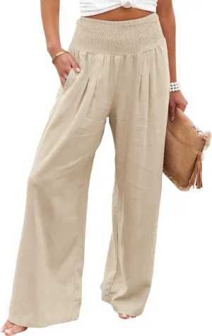 Women Linen Palazzo Pants High Waist Pant Wide Leg Flowy Pants Waist Loose Comfy Trousers of Beach Vacation