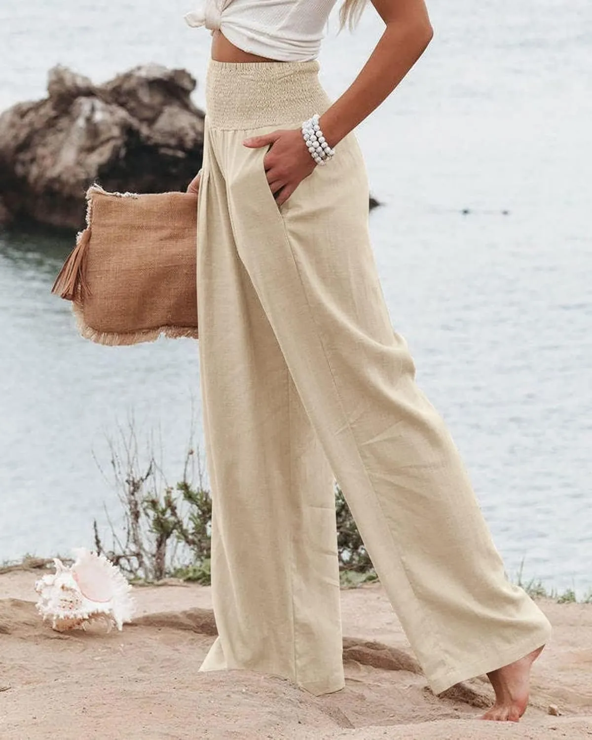 Women Linen Palazzo Pants High Waist Pant Wide Leg Flowy Pants Waist Loose Comfy Trousers of Beach Vacation