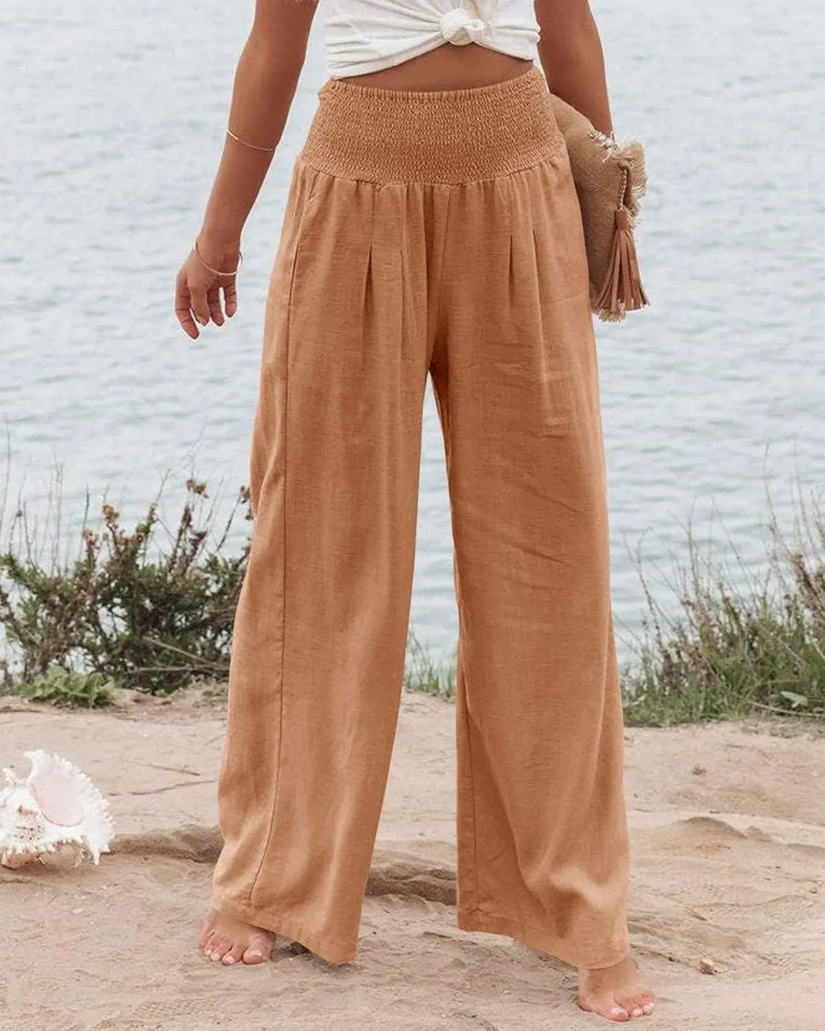 Women Linen Palazzo Pants High Waist Pant Wide Leg Flowy Pants Waist Loose Comfy Trousers of Beach Vacation