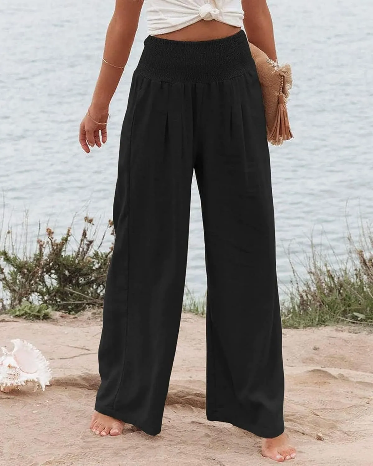 Women Linen Palazzo Pants High Waist Pant Wide Leg Flowy Pants Waist Loose Comfy Trousers of Beach Vacation