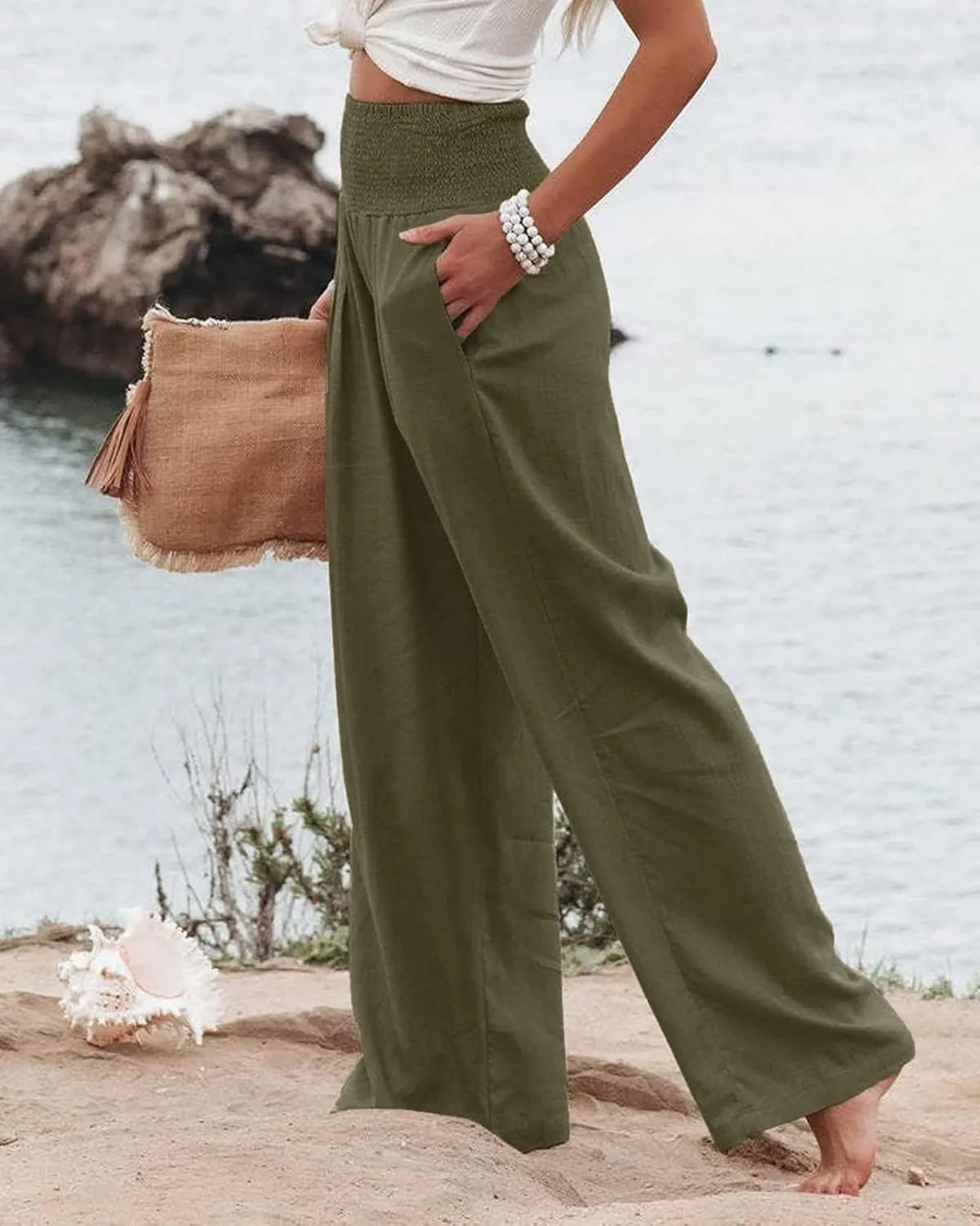 Women Linen Palazzo Pants High Waist Pant Wide Leg Flowy Pants Waist Loose Comfy Trousers of Beach Vacation