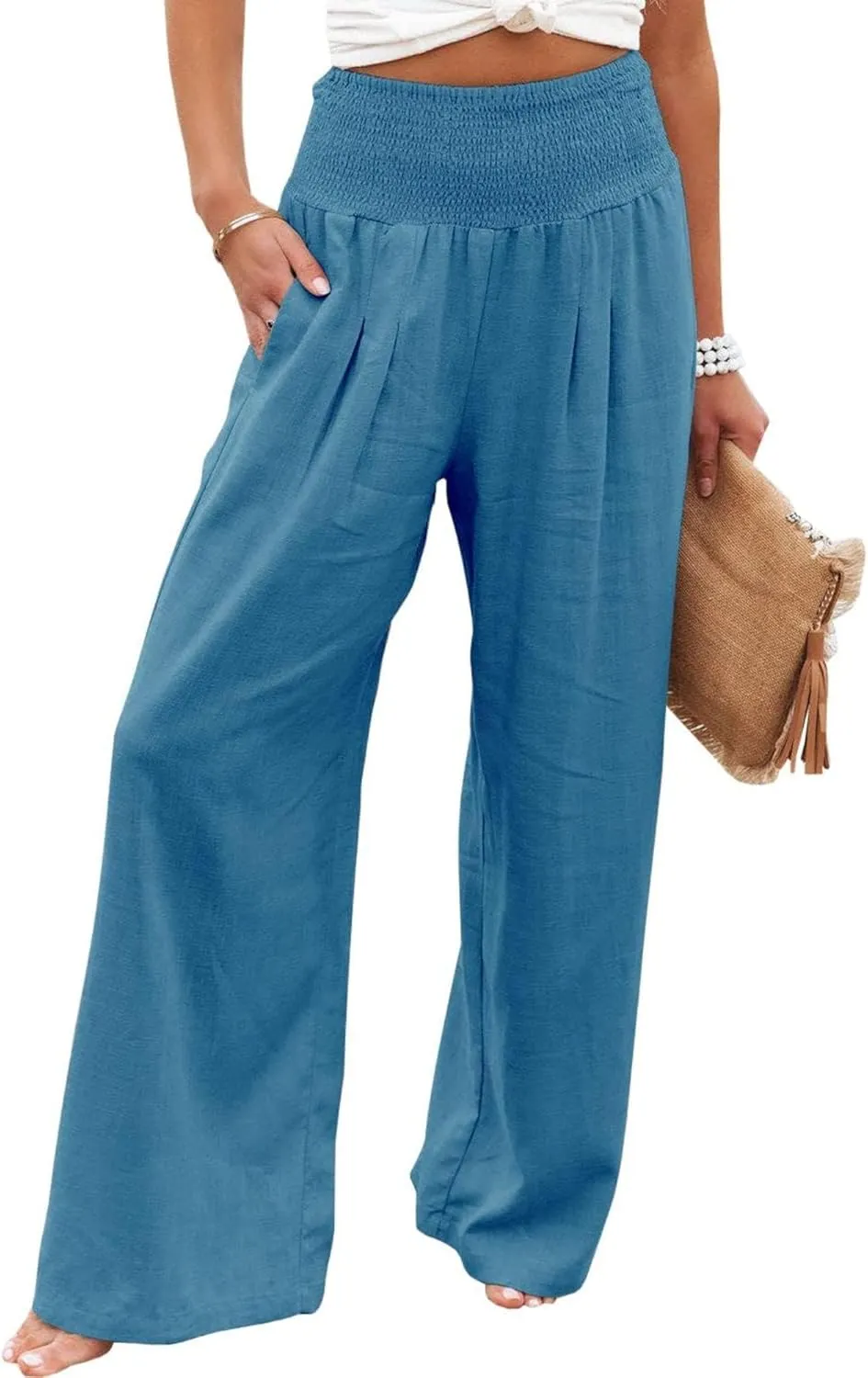 Women Linen Palazzo Pants High Waist Pant Wide Leg Flowy Pants Waist Loose Comfy Trousers of Beach Vacation
