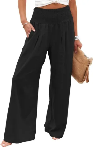 Women Linen Palazzo Pants High Waist Pant Wide Leg Flowy Pants Waist Loose Comfy Trousers of Beach Vacation