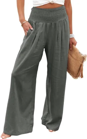 Women Linen Palazzo Pants High Waist Pant Wide Leg Flowy Pants Waist Loose Comfy Trousers of Beach Vacation