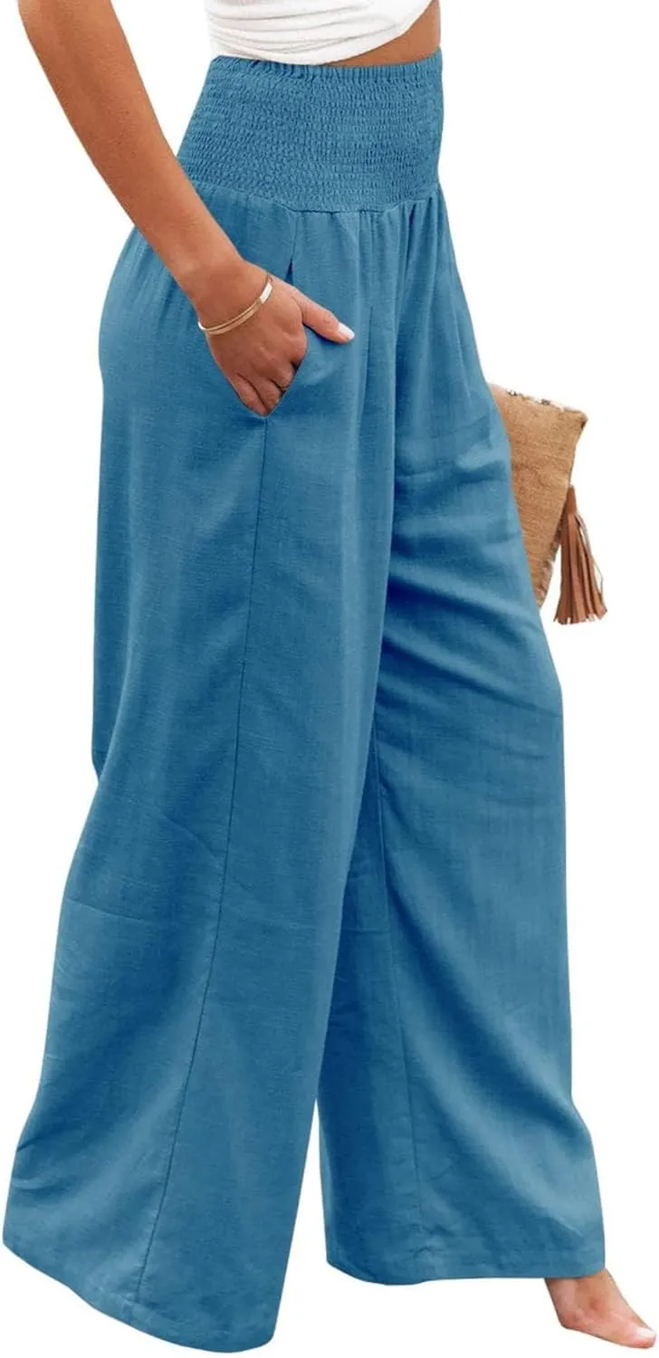 Women Linen Palazzo Pants High Waist Pant Wide Leg Flowy Pants Waist Loose Comfy Trousers of Beach Vacation