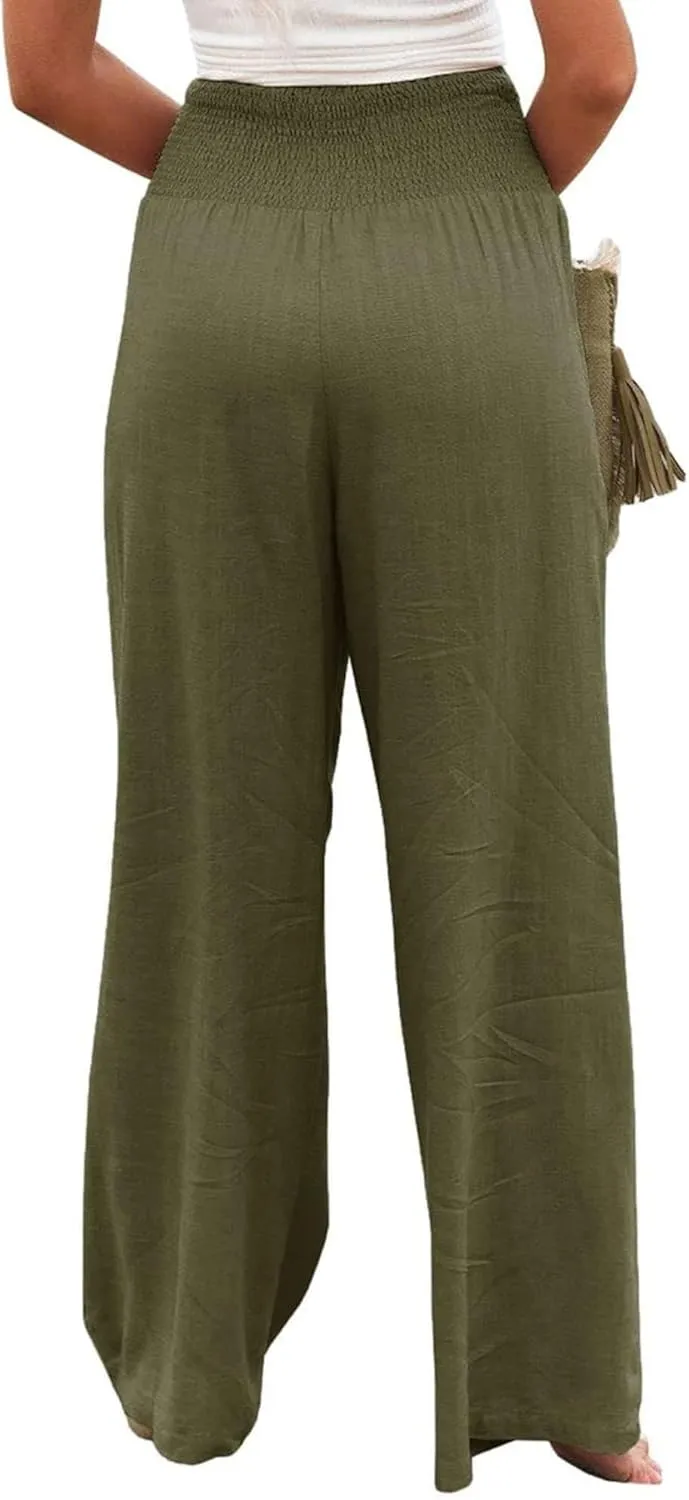 Women Linen Palazzo Pants High Waist Pant Wide Leg Flowy Pants Waist Loose Comfy Trousers of Beach Vacation