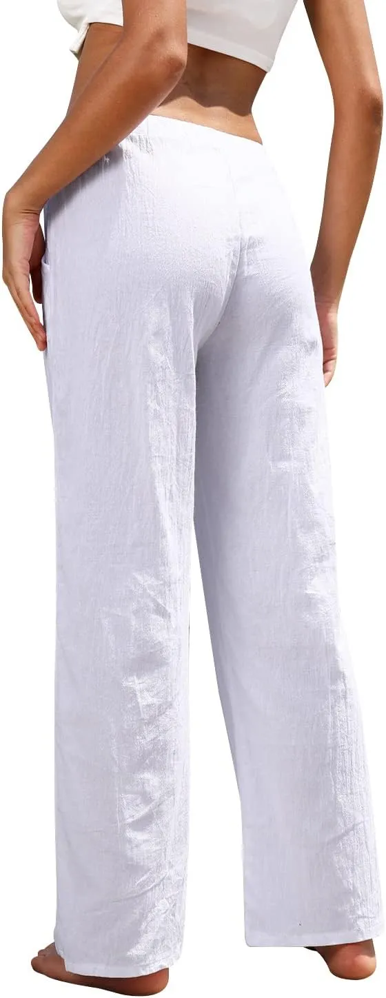 Women Linen Pants High Waisted Wide Leg Lounge Straight Summer Casual Loose Trousers with Pockets White