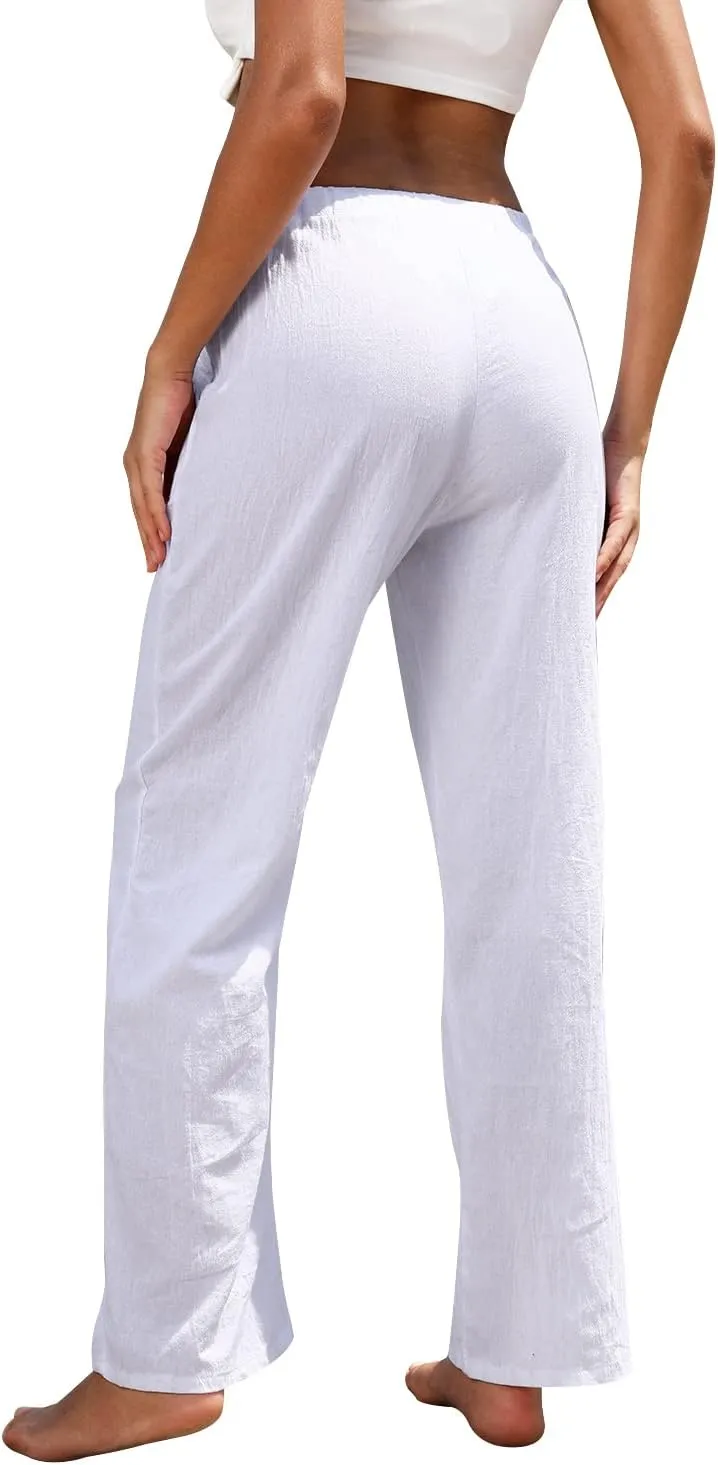 Women Linen Pants High Waisted Wide Leg Lounge Straight Summer Casual Loose Trousers with Pockets White