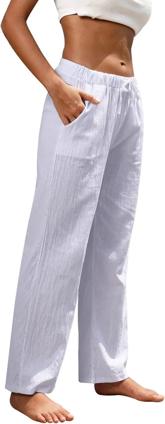 Women Linen Pants High Waisted Wide Leg Lounge Straight Summer Casual Loose Trousers with Pockets White