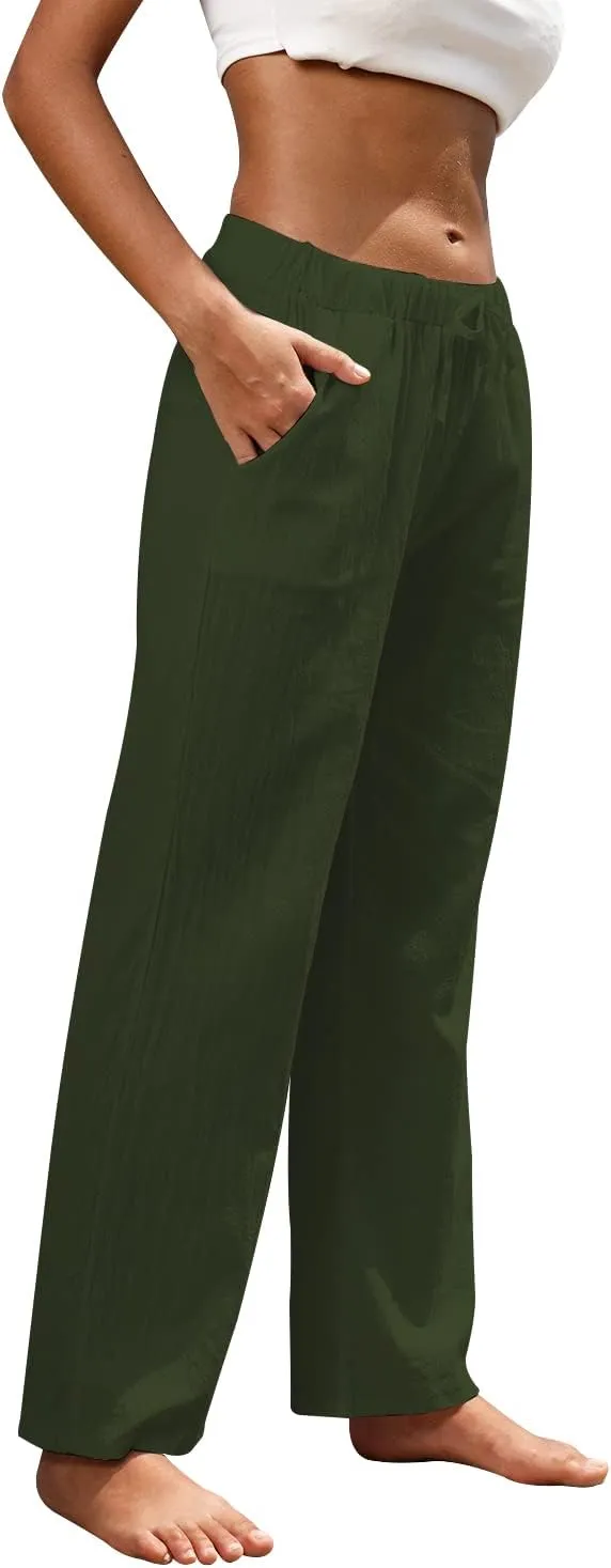 Women Linen Pants High Waisted Wide Leg Lounge Straight Summer Casual Loose Trousers with Pockets White