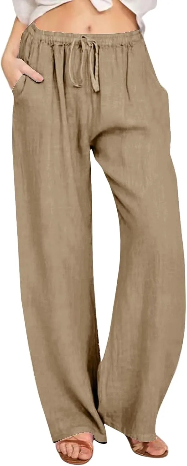 Women Linen Pants Summer Casual Beach Pants Drawstring High Waisted Wide Leg Pants Loose Trousers with Pockets