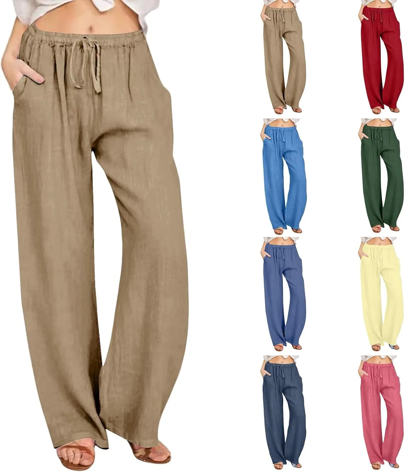 Women Linen Pants Summer Casual Beach Pants Drawstring High Waisted Wide Leg Pants Loose Trousers with Pockets