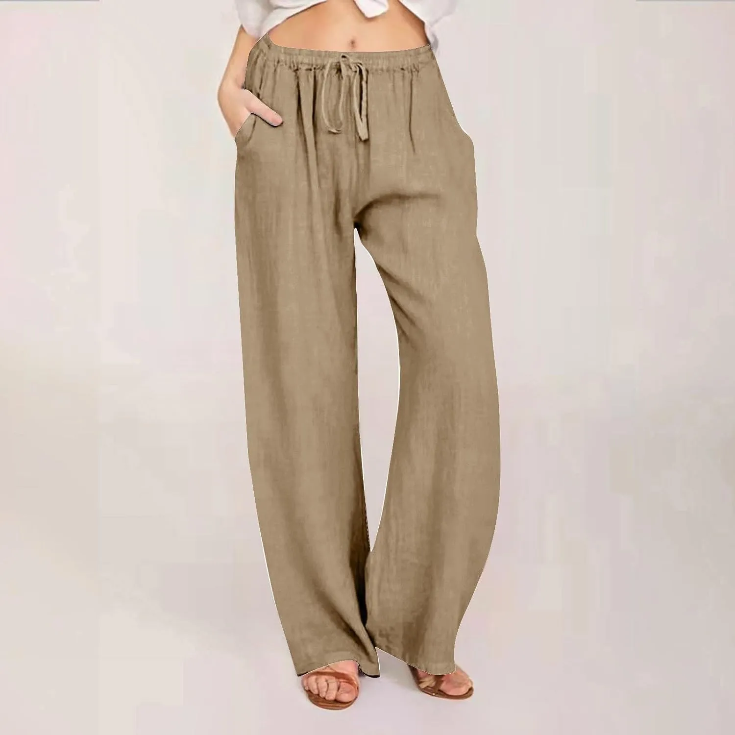 Women Linen Pants Summer Casual Beach Pants Drawstring High Waisted Wide Leg Pants Loose Trousers with Pockets
