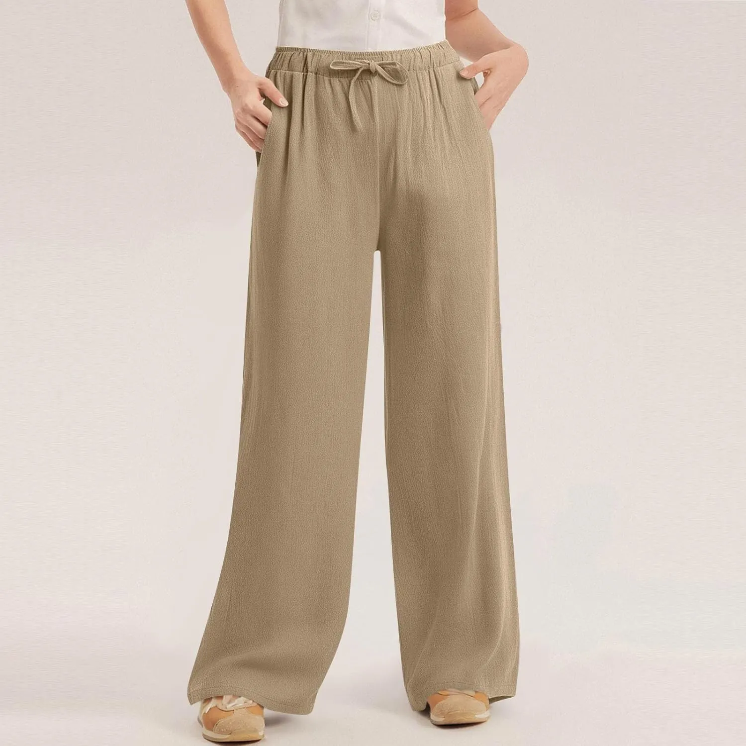 Women Linen Pants Summer Casual Beach Pants Drawstring High Waisted Wide Leg Pants Loose Trousers with Pockets