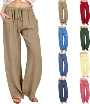 Women Linen Pants Summer Casual Beach Pants Drawstring High Waisted Wide Leg Pants Loose Trousers with Pockets