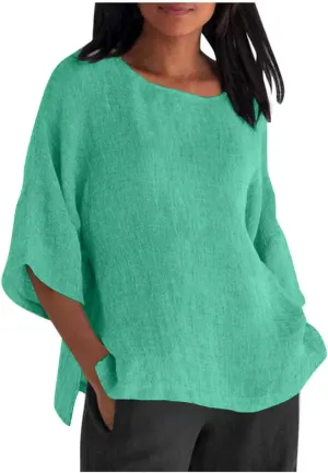 Women Linen Shirts Summer Cotton Linen Boho Short Sleeve T-Shirt Casual Loose Basic V Neck Blouse Top