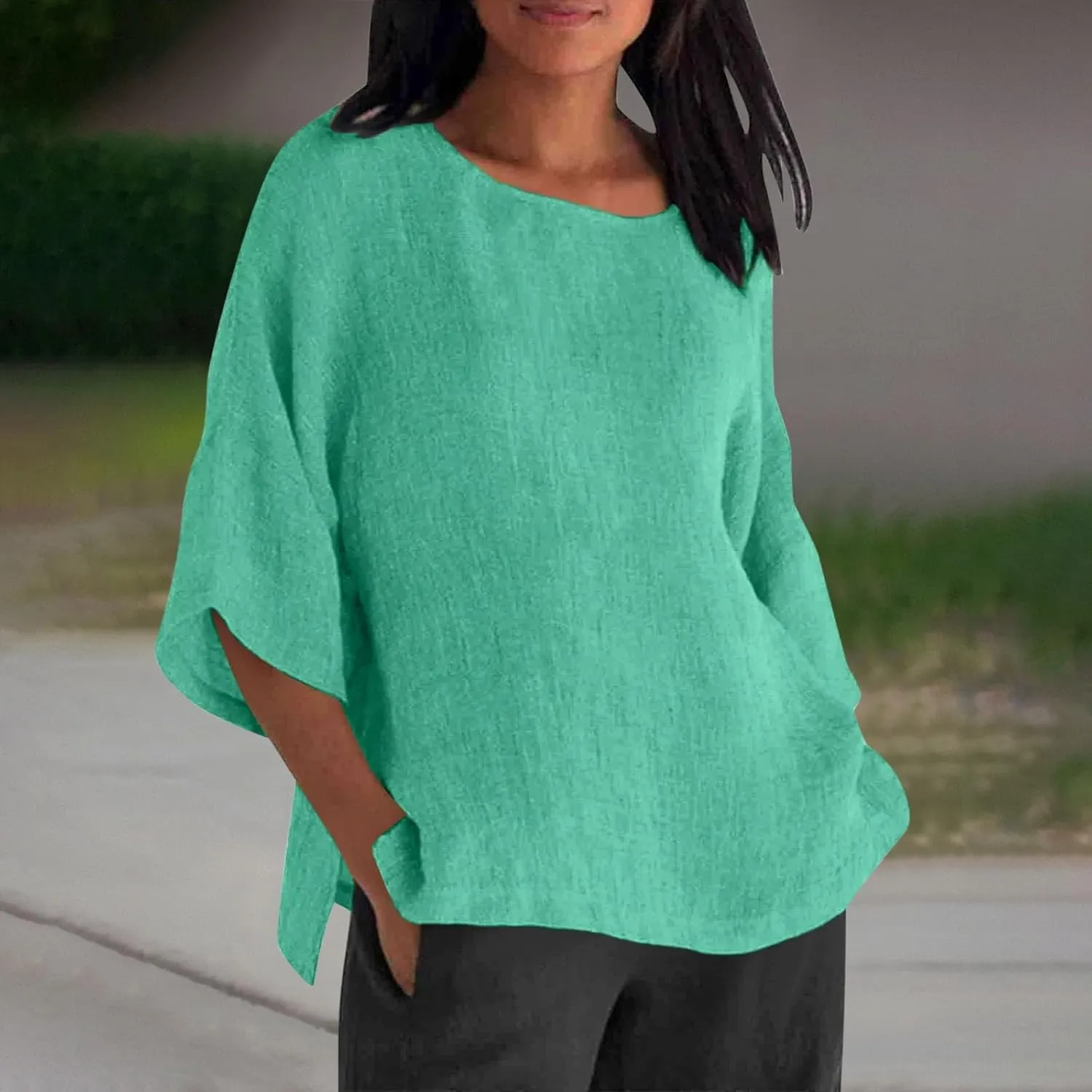 Women Linen Shirts Summer Cotton Linen Boho Short Sleeve T-Shirt Casual Loose Basic V Neck Blouse Top