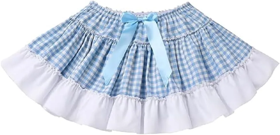Women Men Gingham Pleated Mini Skirts Ruffle Lace A Line Layered Short Skirts Fairy Princess Costume Sissy Skirt