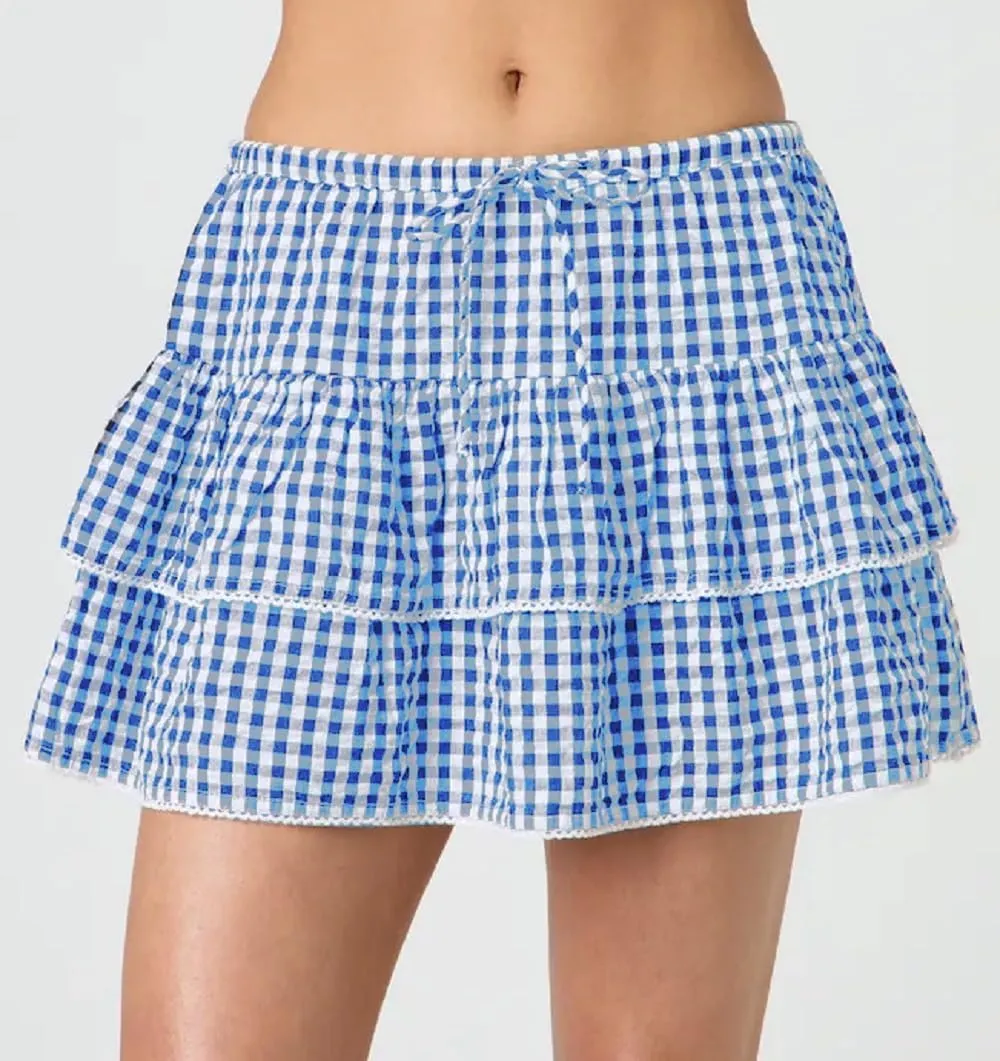 Women Men Gingham Pleated Mini Skirts Ruffle Lace A Line Layered Short Skirts Fairy Princess Costume Sissy Skirt