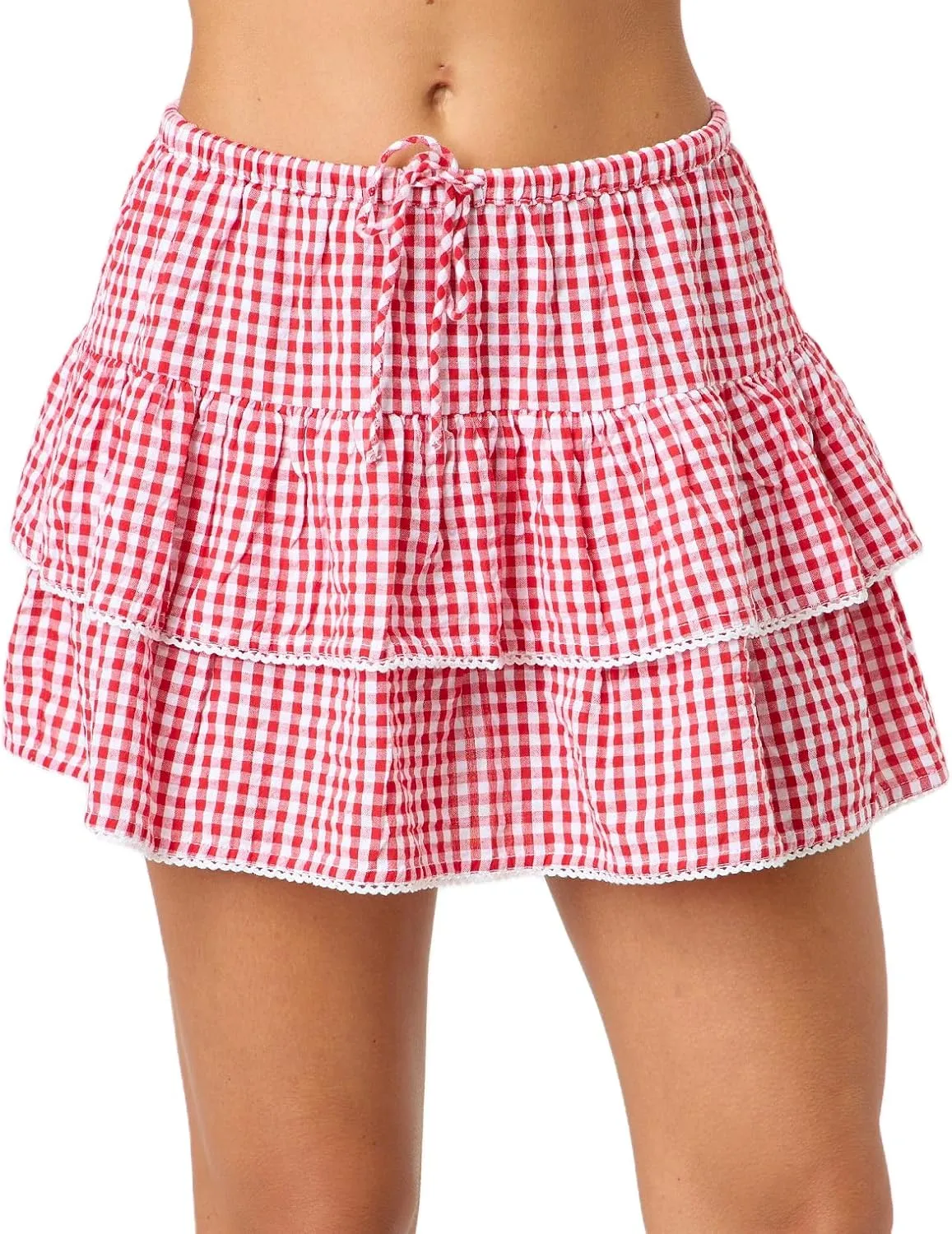 Women Men Gingham Pleated Mini Skirts Ruffle Lace A Line Layered Short Skirts Fairy Princess Costume Sissy Skirt
