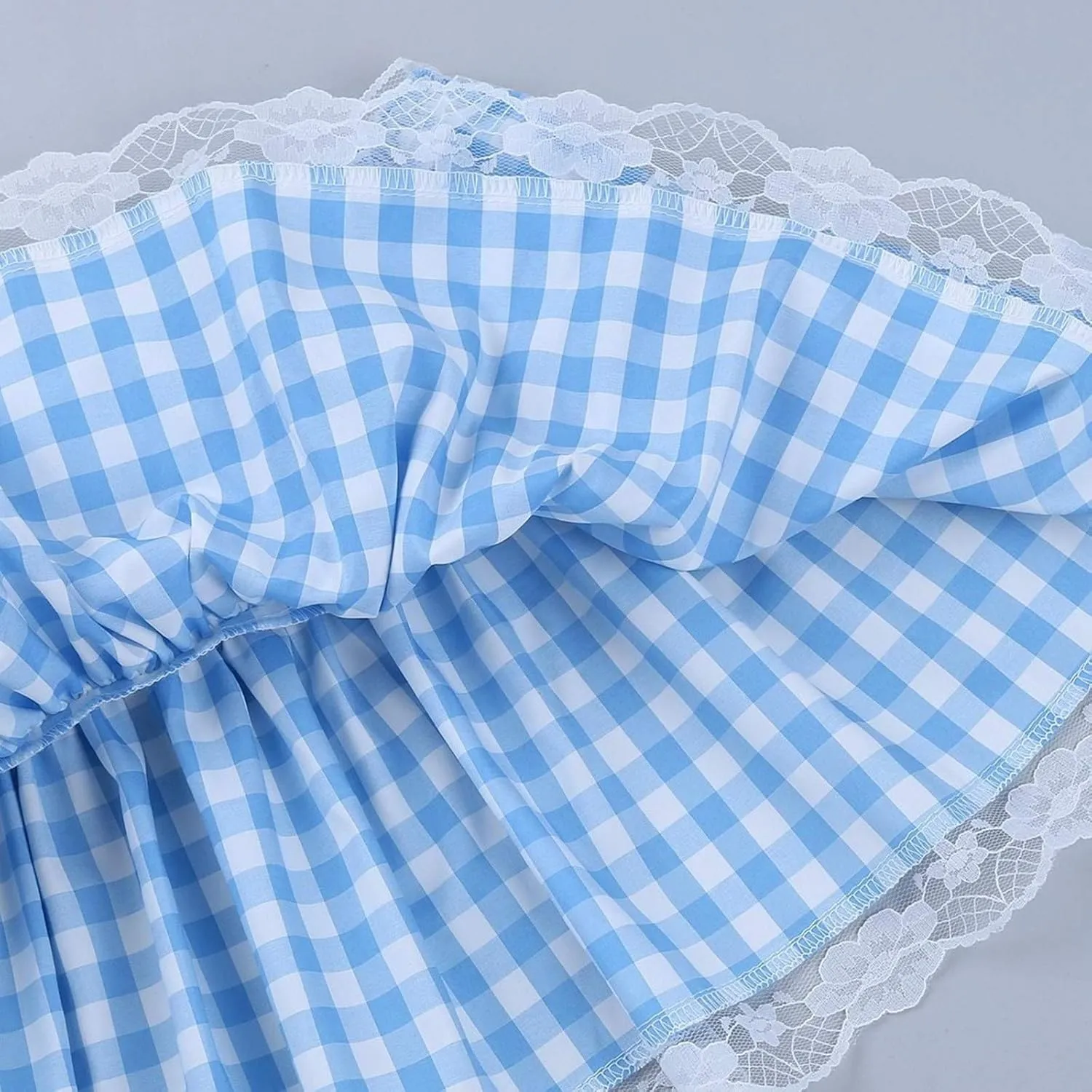 Women Men Gingham Pleated Mini Skirts Ruffle Lace A Line Layered Short Skirts Fairy Princess Costume Sissy Skirt