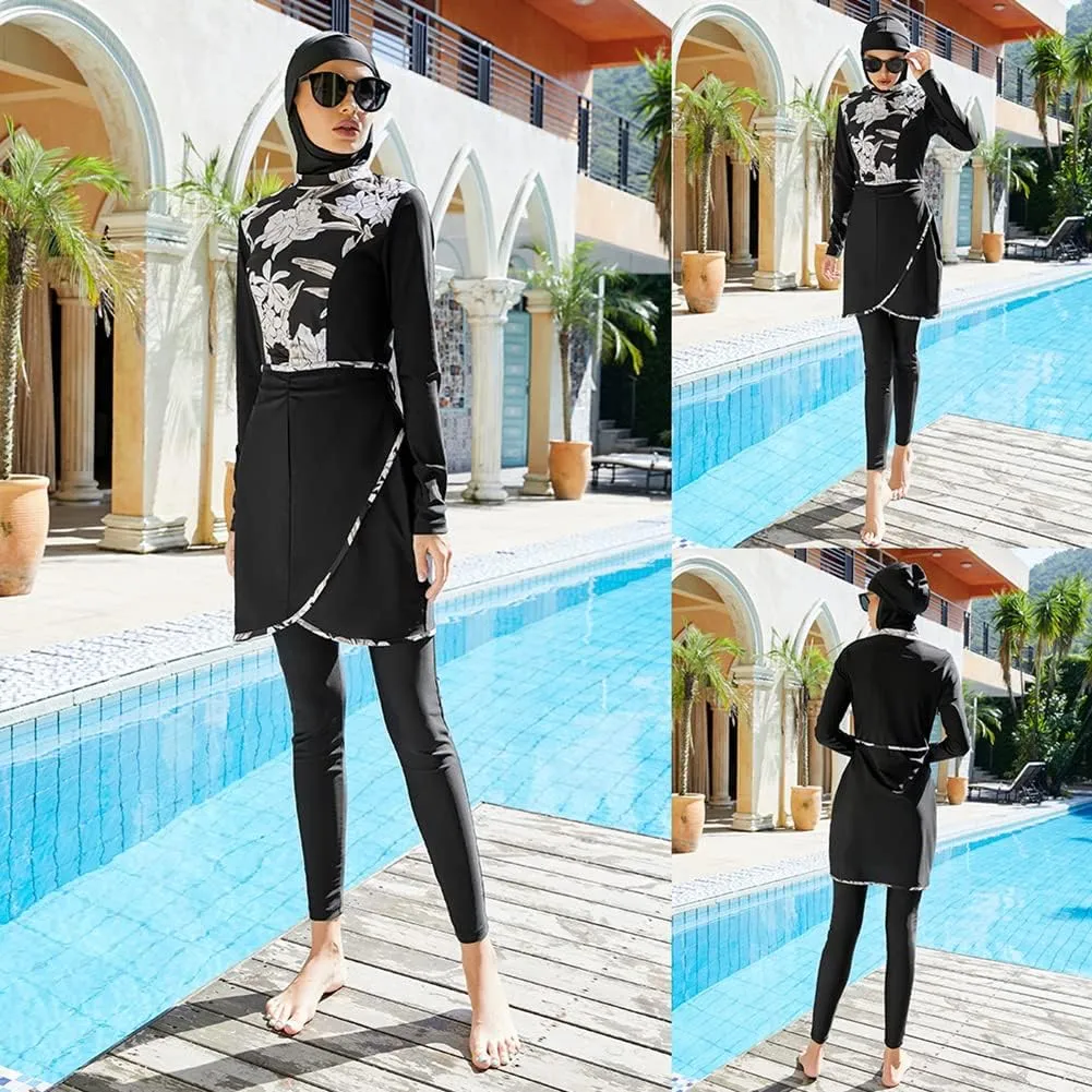 Women Muslim Burkini Swimsuits Modest Swimwear Islamic Long Sleeve Full Cover Hijab Dress Top Swim Pants Bathing Suit