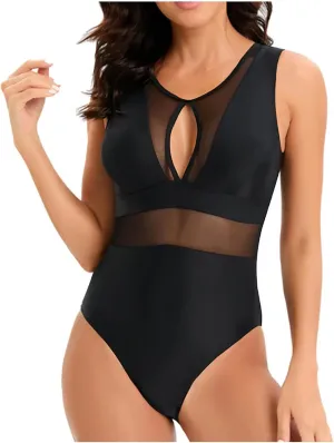 Women One Piece Swimsuit Sexy Mesh Cutout Tummy Control Bathing Suit Slimming Backless High Waisted Modest Swim Suits