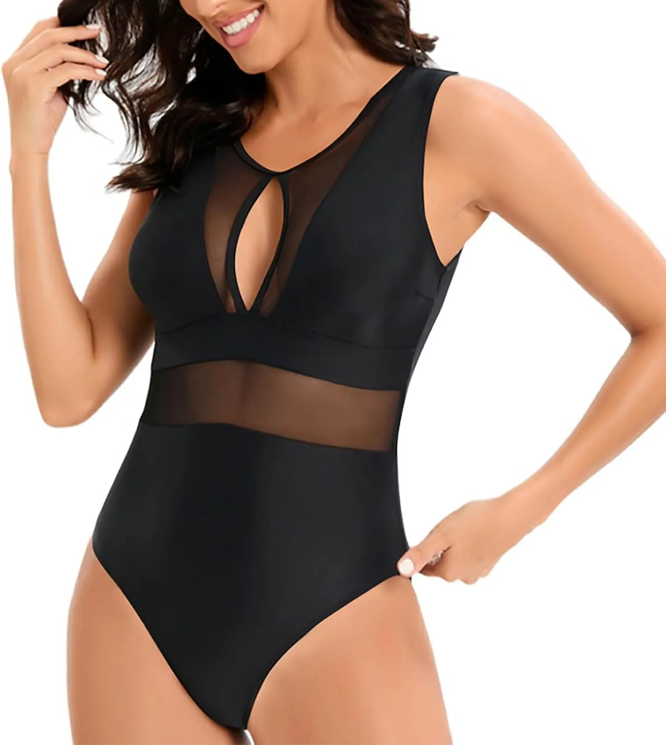 Women One Piece Swimsuit Sexy Mesh Cutout Tummy Control Bathing Suit Slimming Backless High Waisted Modest Swim Suits