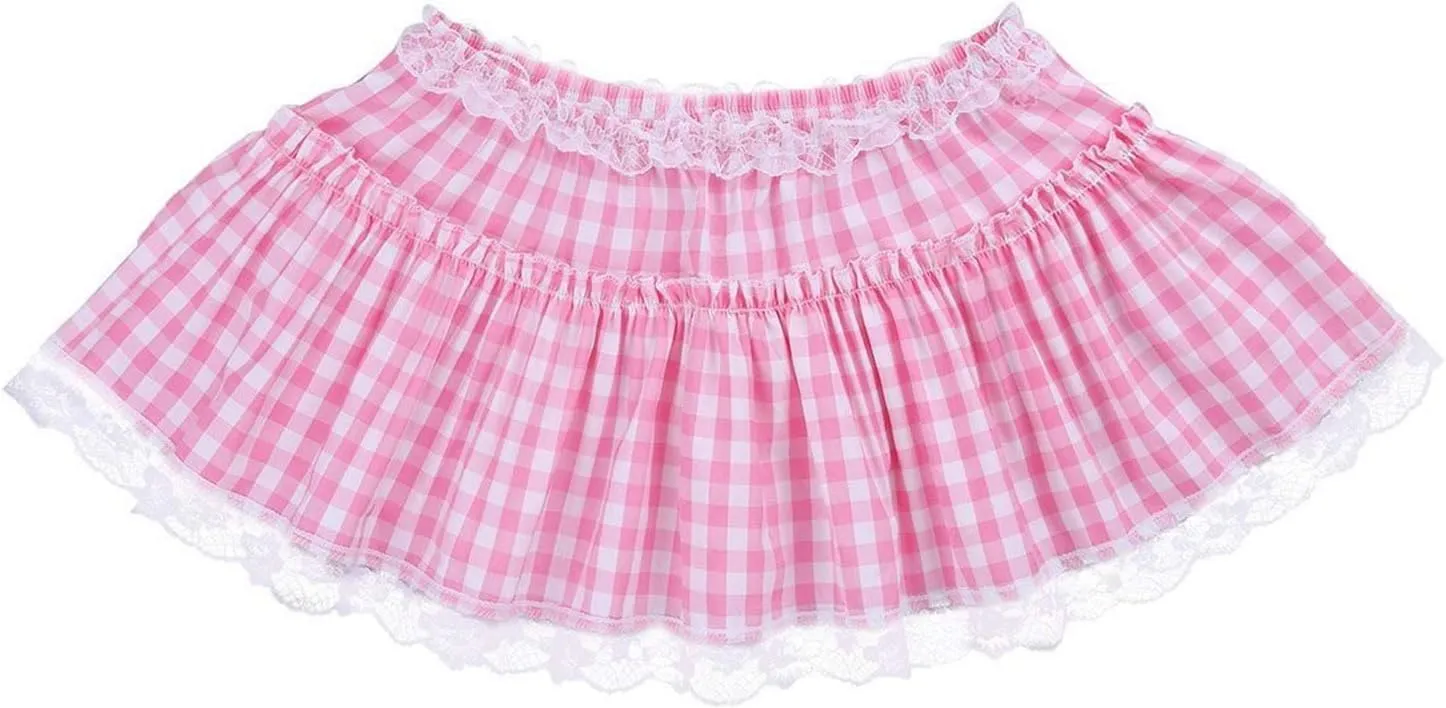 Women Plaid Pleated Mini Skirt Frilly Lace Gingham Ruffle Tutu Micro Skirt Fairy Princess Costume