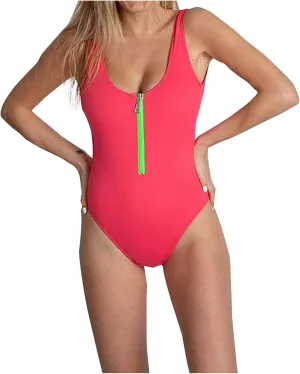 Women Sexy Zipper Front Low Back High Cut One Piece Swimsuit Bathing Suit Swimwear Tummy Control Backless Bathing Suit