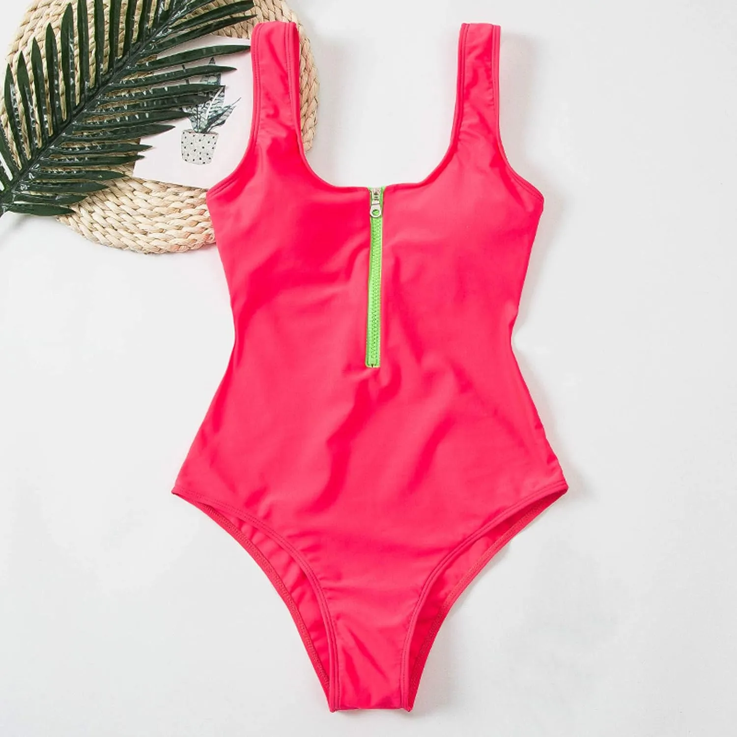 Women Sexy Zipper Front Low Back High Cut One Piece Swimsuit Bathing Suit Swimwear Tummy Control Backless Bathing Suit