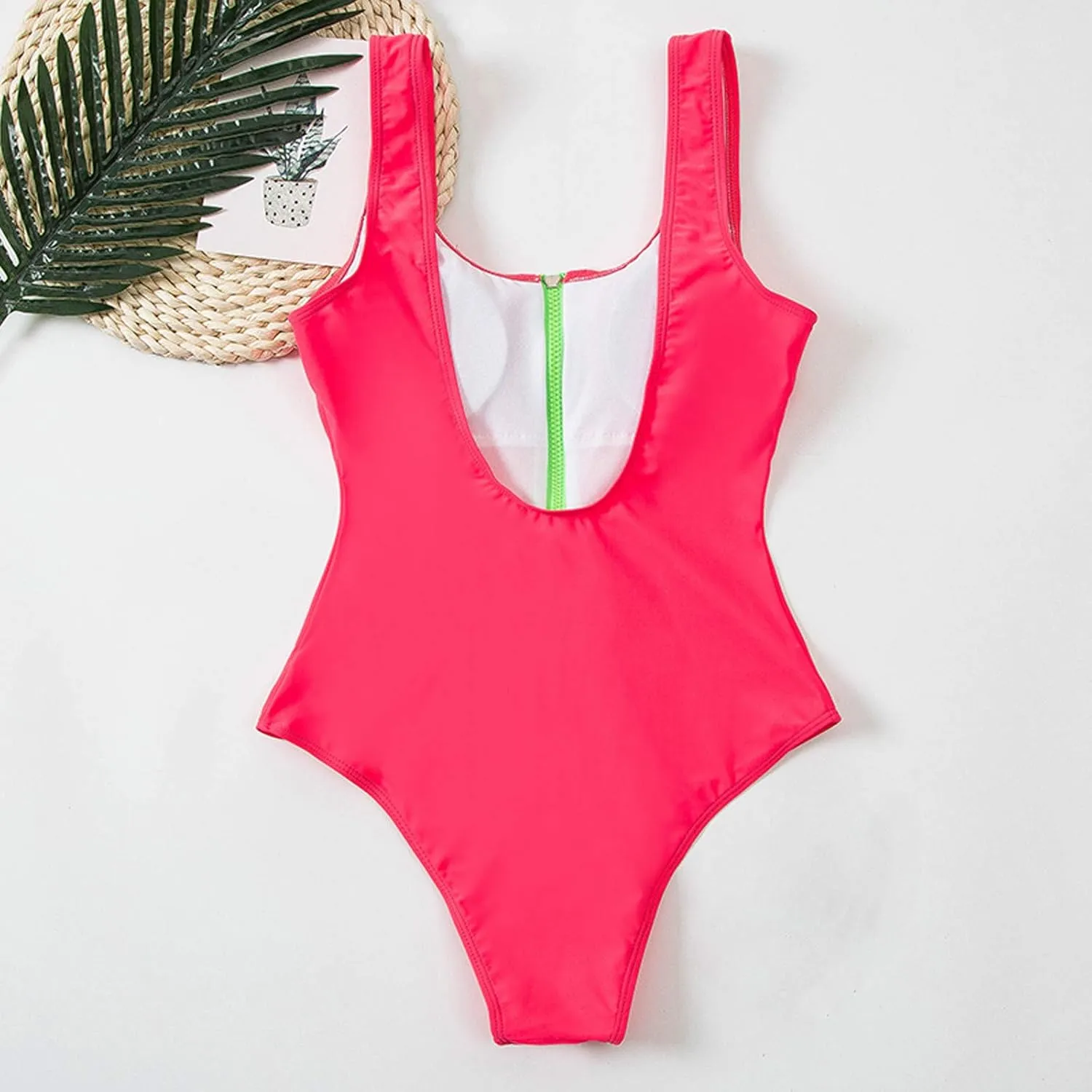 Women Sexy Zipper Front Low Back High Cut One Piece Swimsuit Bathing Suit Swimwear Tummy Control Backless Bathing Suit