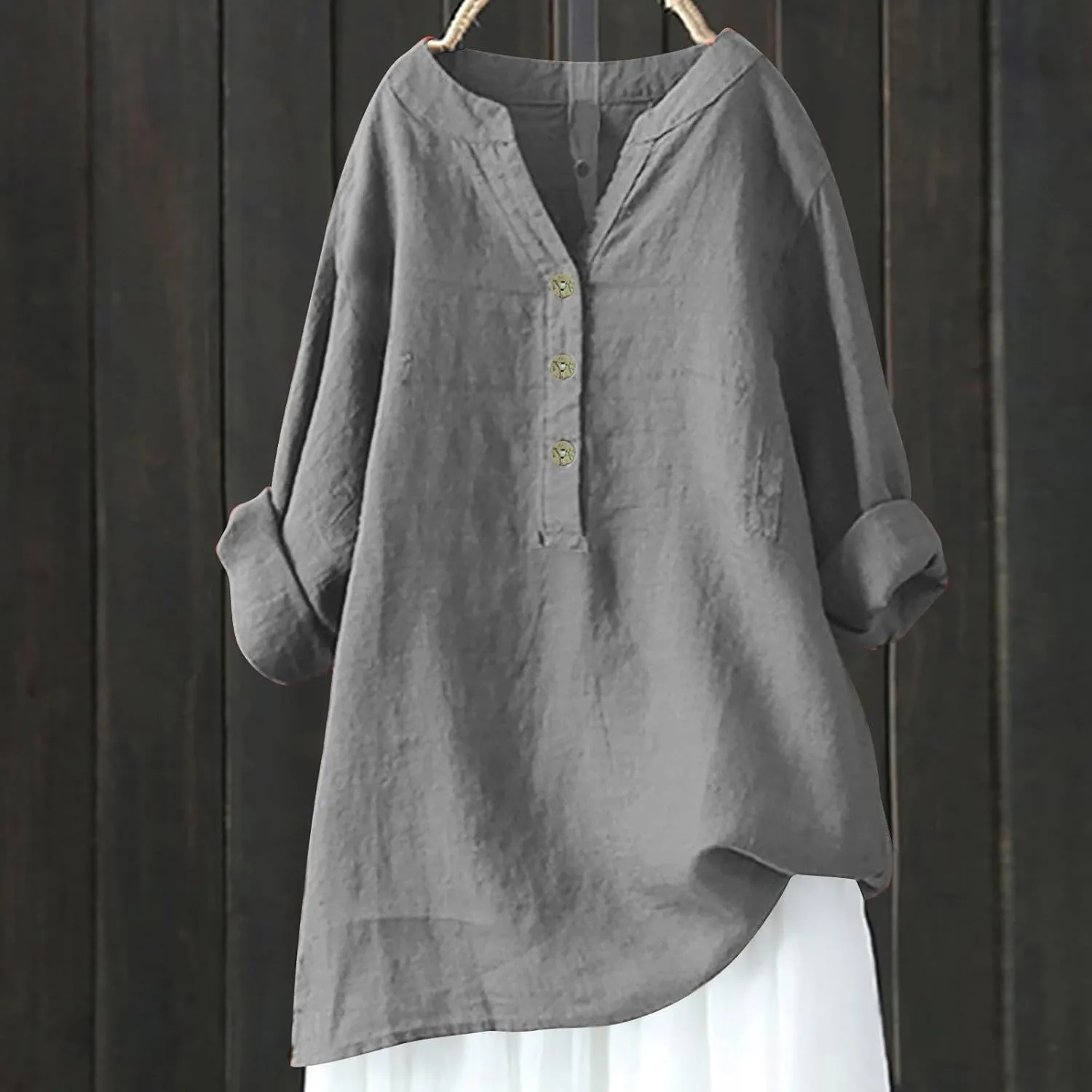 Women Short Sleeve Cotton Linen Shirt Casual Crew Neck Trendy Dressy T Shirt Buttons Loose Fit Summer Tee Top